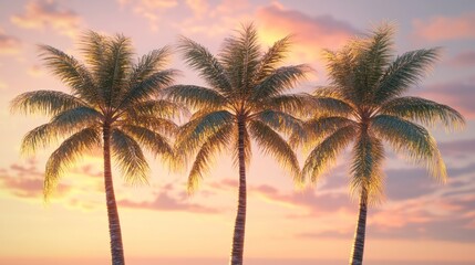 A stunning visual of three 3D coconut palm trees, each at different heights, with detailed textures on the bark and leaves.