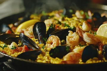 Colorful Seafood Paella with Fresh Herbs and Lemon