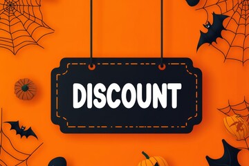 A vibrant Halloween-themed discount sign with bats, pumpkins, and spider webs on an orange background, ideal for seasonal promotions and festive sales events.