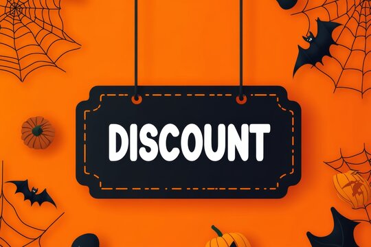A vibrant Halloween-themed discount sign with bats, pumpkins, and spider webs on an orange background, ideal for seasonal promotions and festive sales events.