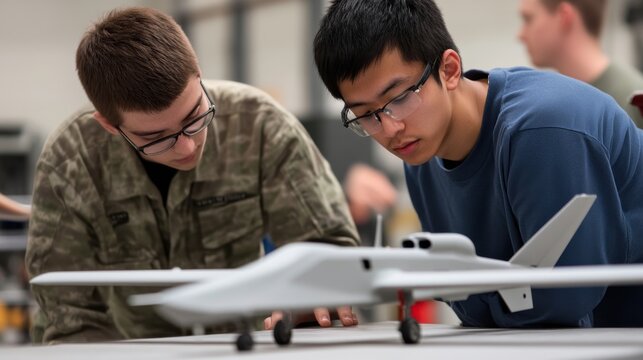 Students examine a model aircraft during an engineering workshop