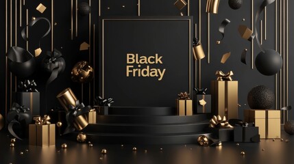 A luxurious Black Friday themed image featuring gold and black gift boxes, ribbons, and confetti against a dark backdrop, symbolizing holiday sales and excitement.