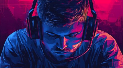 Gamer Portrait in Neon Lights with Fashionable Headphones Style Illustration