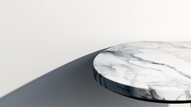 Minimalist interior with a round marble tabletop casting a shadow on a plain white wall, showcasing simplicity and elegance in home design.