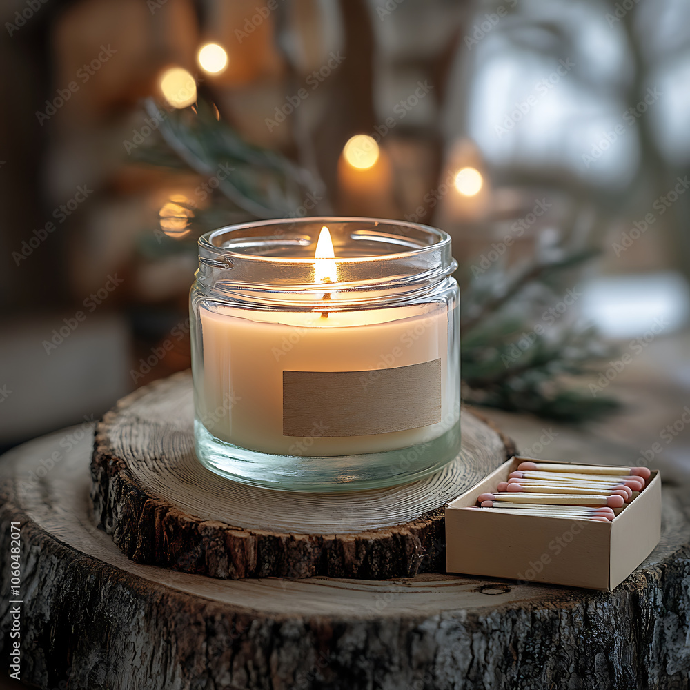 Poster cozy candle in transparent jar illuminates rustic setting, surrounded by soft lighting and natural elements, creating warm and inviting atmosphere