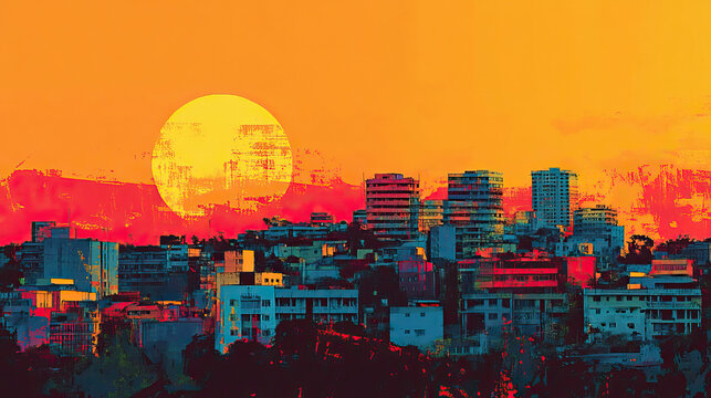 Mwanza, Tanzania, Pop Art style theme print. Cityscape, city skyline.Vibrant, bright, modern, trendy, graphic designed for poster, card, wallpaper
