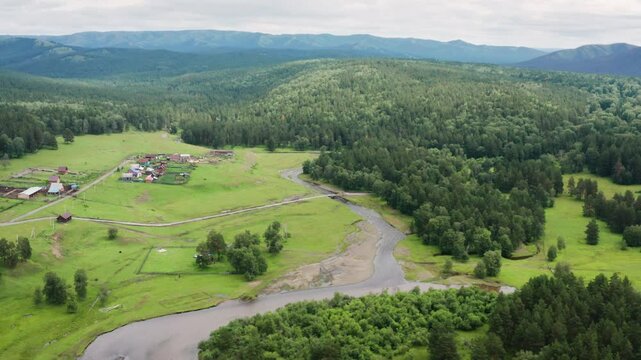 Southern Urals, the central estate of the Bashkir State Nature Reserve - Sargaya village. Aerial view.