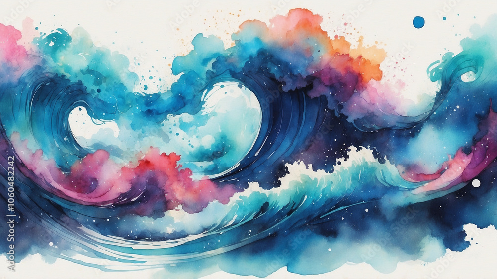 Poster dynamic watercolor painting of colorful ocean waves and abstract clouds, creating a beautiful backgr