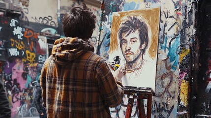 Naklejka premium A talented street artist captures the essence of portraiture in vibrant montmartre paris amidst urban graffiti and artistic expression