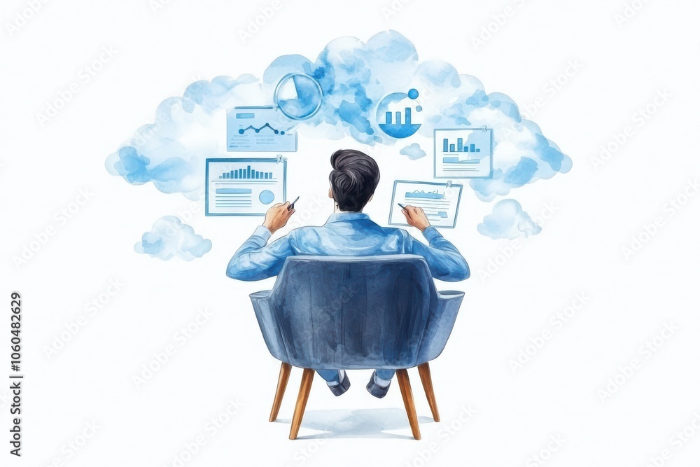 Poster a businessman analyzing data and charts in a cloud-based environment, symbolizing digital transforma