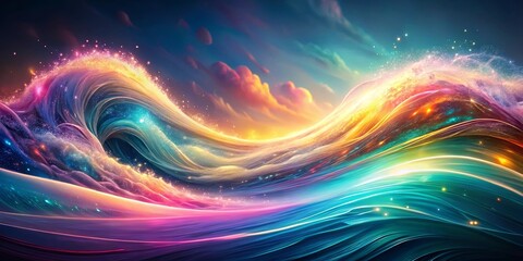Fototapeta premium A cosmic wave of vibrant colors dancing in a celestial canvas, adorned with shimmering stardust and ethereal glow.
