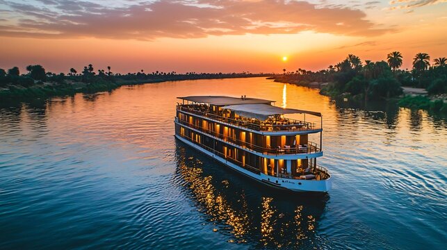 Experience the magic of a sunset cruise along the majestic nile river as the sun sets over the ancient landscape