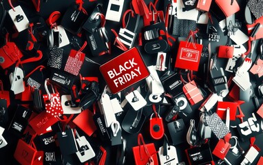 Black Friday with Discount Tags "BLACK FRIDAY" surrounded by discount tags in red, black, and white 