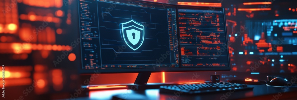 Leinwandbilder A computer screen showcases a shield and lock icon, emphasizing the importance of online security in today’s digital landscape. Generative AI