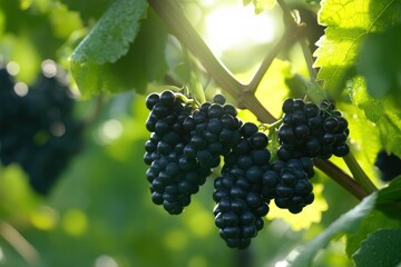 Fresh Black Grapes on Vine in Natural Light