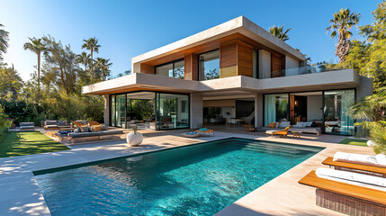Fototapeta premium Modern private villa building, simple lines, concrete and wood are the materials that make up the main body, huge floor-to-ceiling glass windows.