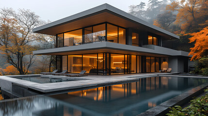 Fototapeta premium Modern private villa building, simple lines, concrete and wood are the materials that make up the main body, huge floor-to-ceiling glass windows.