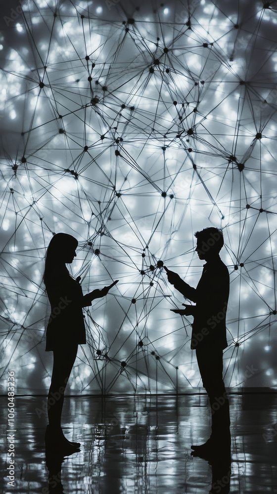 Poster silhouettes of two people using digital devices against glowing network backdrop, symbolizing connec