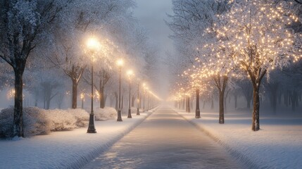 Snowy Pathway Illuminated by Streetlights and Twinkling Lights