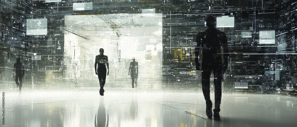 Poster dynamic digital world where silhouette figures engage with technology, creating immersive experience