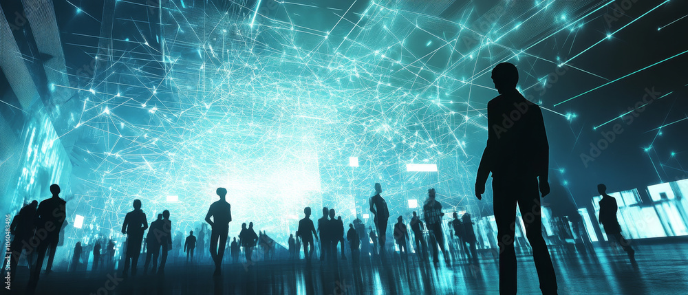Aufkleber dynamic digital world where silhouette figures engage with technology, creating vibrant atmosphere o