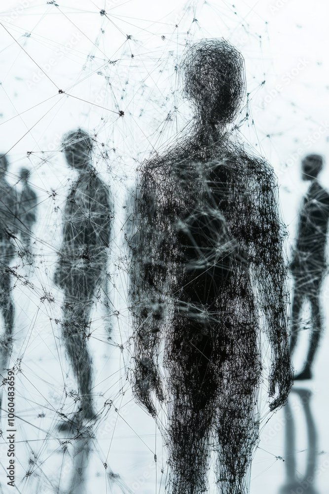 Poster global community of silhouette figures connected through network, symbolizing unity and collaboratio