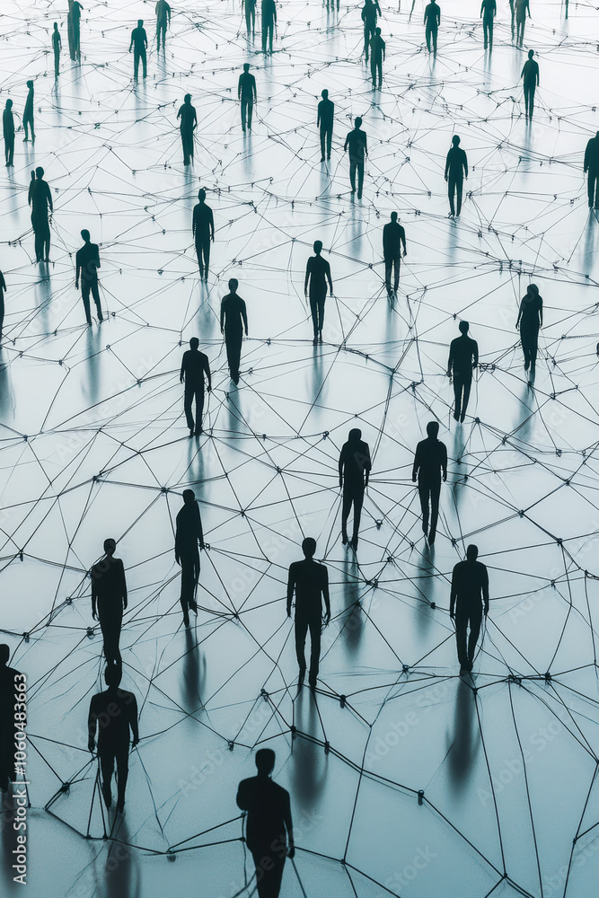 Poster global community of silhouette figures connected through network, symbolizing unity and collaboratio
