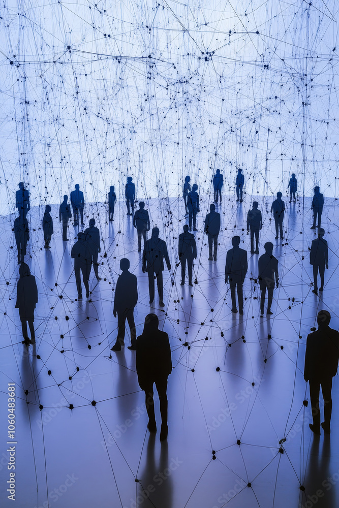 Poster global community of silhouette figures connected through network, symbolizing unity and collaboratio