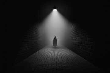 A mysterious figure stands in a shadowy alley, illuminated by a single light, creating an eerie atmosphere.