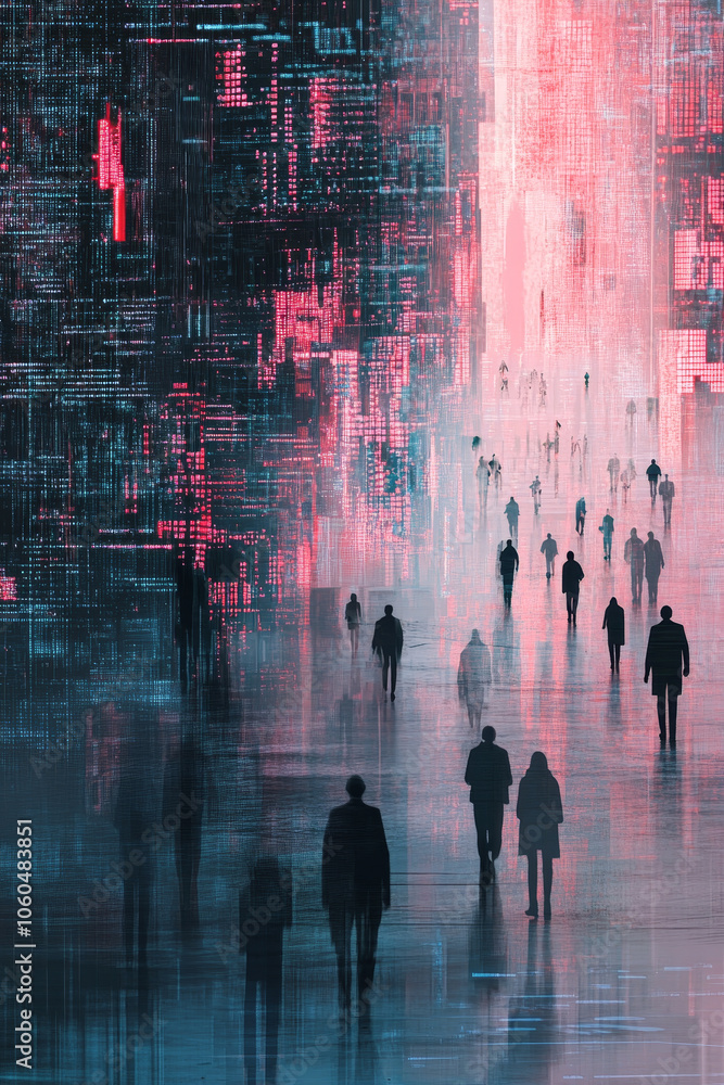 Poster vibrant digital landscape featuring silhouettes of people walking through futuristic city. scene is 