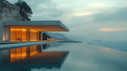 Modern private villa building, simple lines, concrete and wood are the materials that make up the main body, huge floor-to-ceiling glass windows.