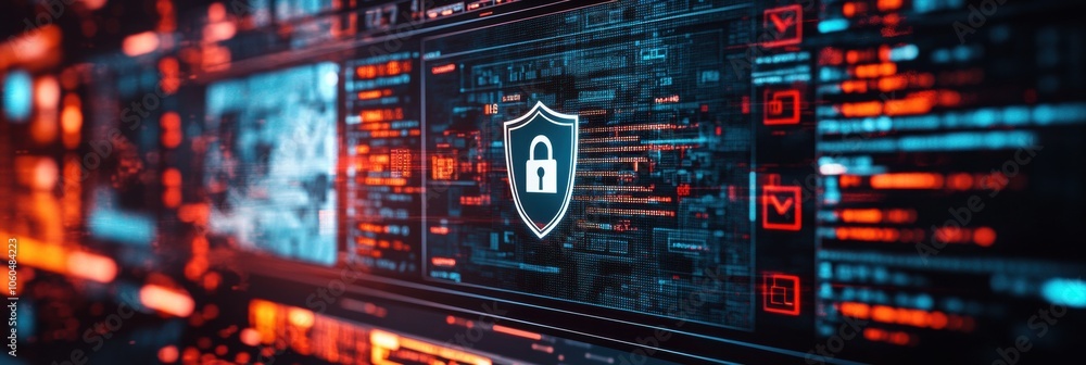 Poster a shield and lock icon on a computer screen signals the importance of internet security amidst digit