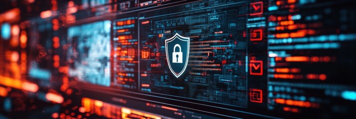 Obraz premium A shield and lock icon on a computer screen signals the importance of internet security amidst digital information. Generative AI