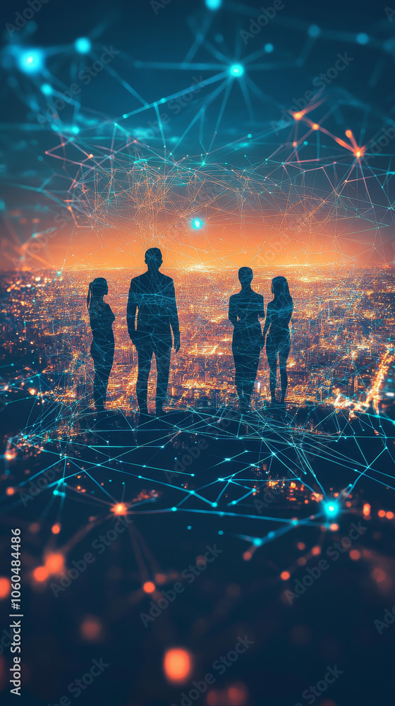 Poster silhouette figures standing together symbolizing unity and connection in digital landscape. vibrant 