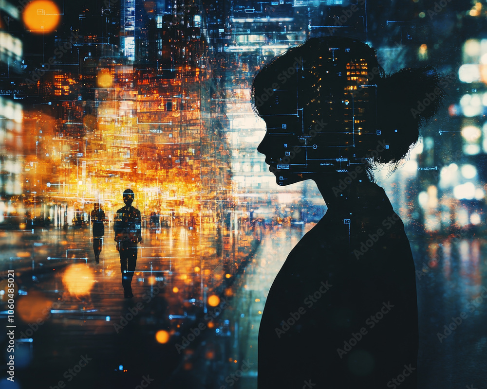 Poster silhouette of person immersed in digital world filled with vibrant lights and abstract patterns, sym