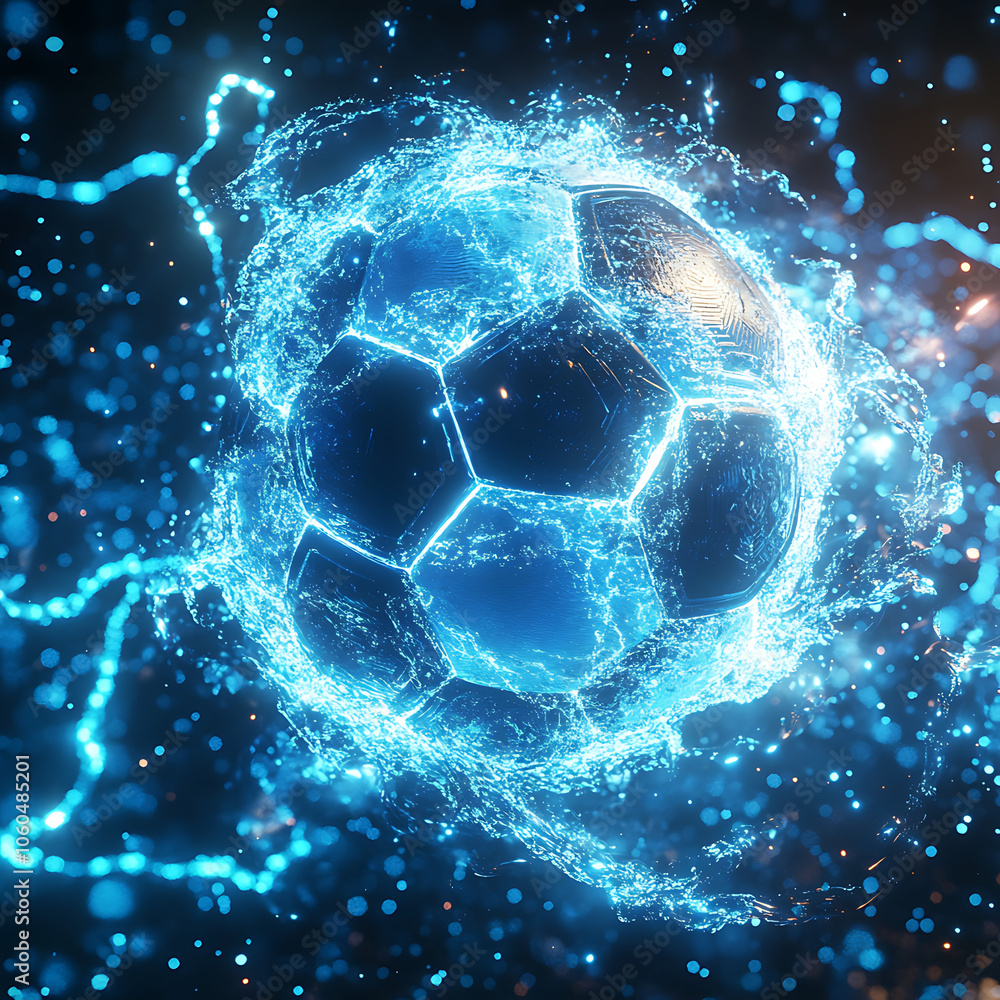 Poster vibrant soccer ball emerges from dynamic splash of water, creating energetic and captivating visual.