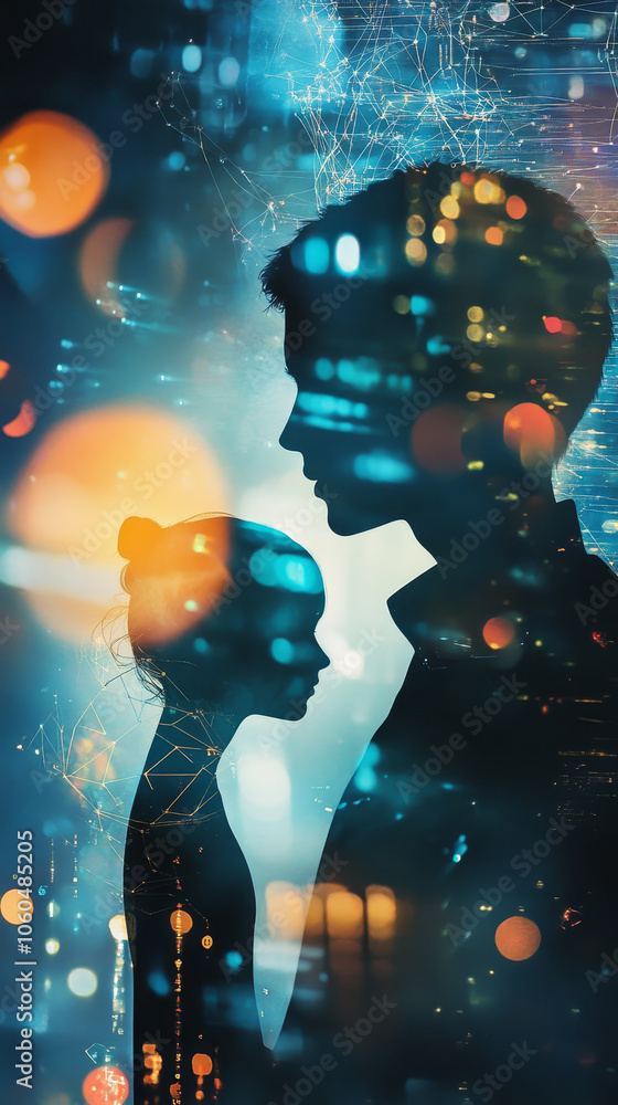 Poster silhouette of two people sharing knowledge in digital world, illuminated by vibrant lights and abstr