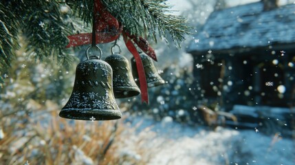 Christmas bell ornaments hanging from a pine branch, red ribbon tied around, snowflakes lightly dusting the scene