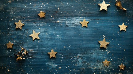 An artistic composition of golden stars scattered across a deep blue canvas, with hints of glitter...