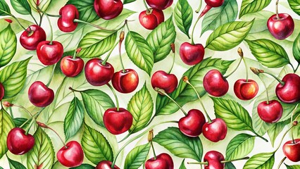 A vibrant watercolor pattern of ripe cherries nestled amidst lush green leaves, creating a delightful summery scene.