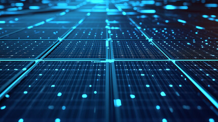 Obraz premium Abstract close-up of high-tech solar panels with blue futuristic lighting, illustrating renewable energy technology in a modern setting