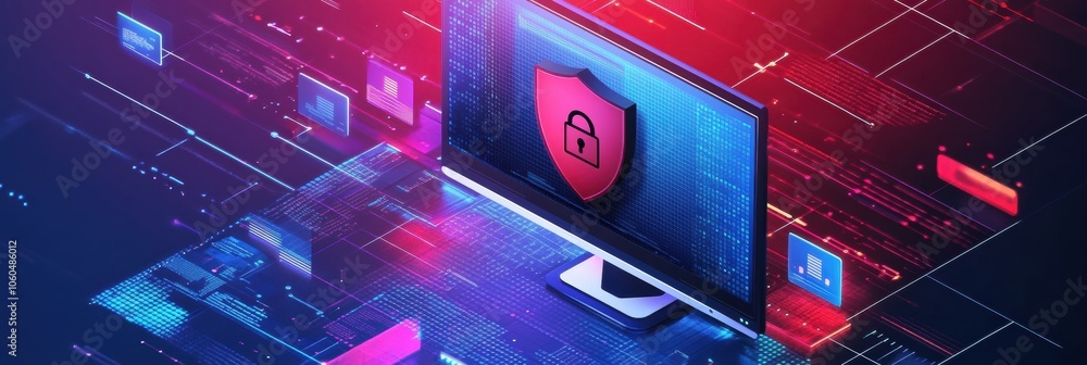 Fototapete A digital representation of internet security features a monitor showcasing a shield and lock icon symbolizing online safety measures. Generative AI