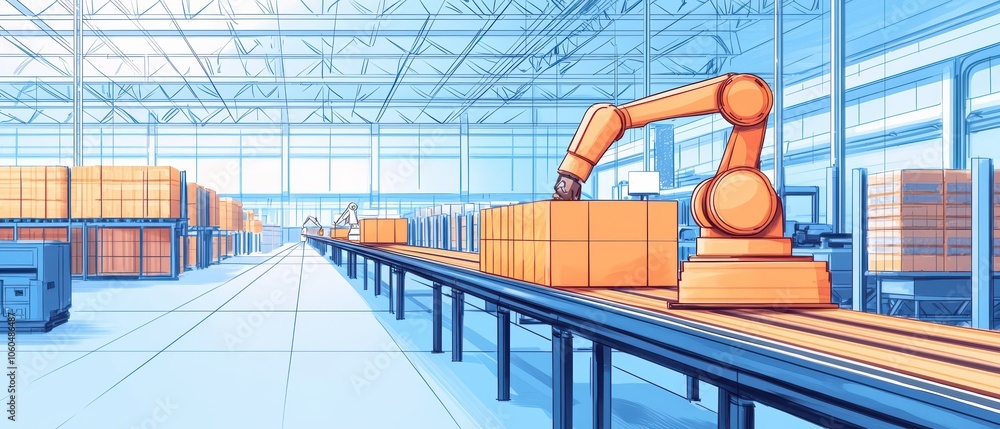 Poster automated robotic arm working in modern warehouse, loading boxes on conveyor belt.
