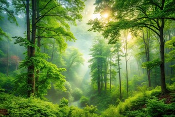 Obraz premium A serene forest landscape with a misty morning atmosphere and lush green foliage, greenery, environment, flora