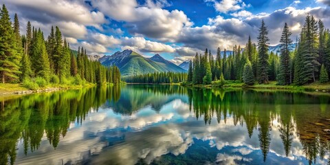 Fototapeta premium A serene mountain lake surrounded by tall evergreen trees and a few wispy clouds in the sky, forest, water reflection, outdoor landscape