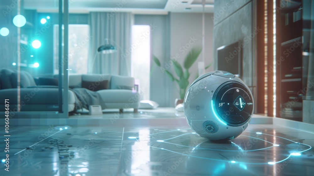 Poster futuristic spherical device managing a modern apartment. controlling temperature. lighting. and secu