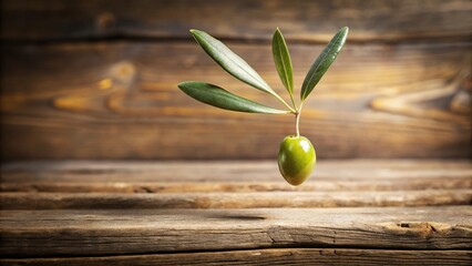 Fototapeta premium A single olive falling from a branch onto a wooden surface with a subtle texture background, rustic, forest floor