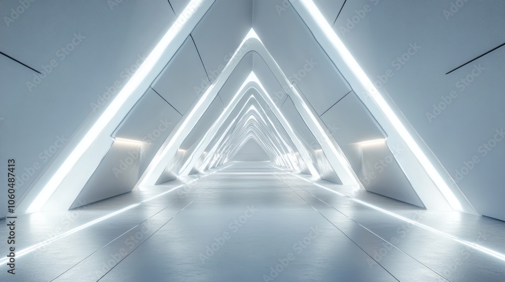 Poster a sci-fi tunnel featuring sharp triangular shapes, designed with smooth, glossy surfaces that shimme