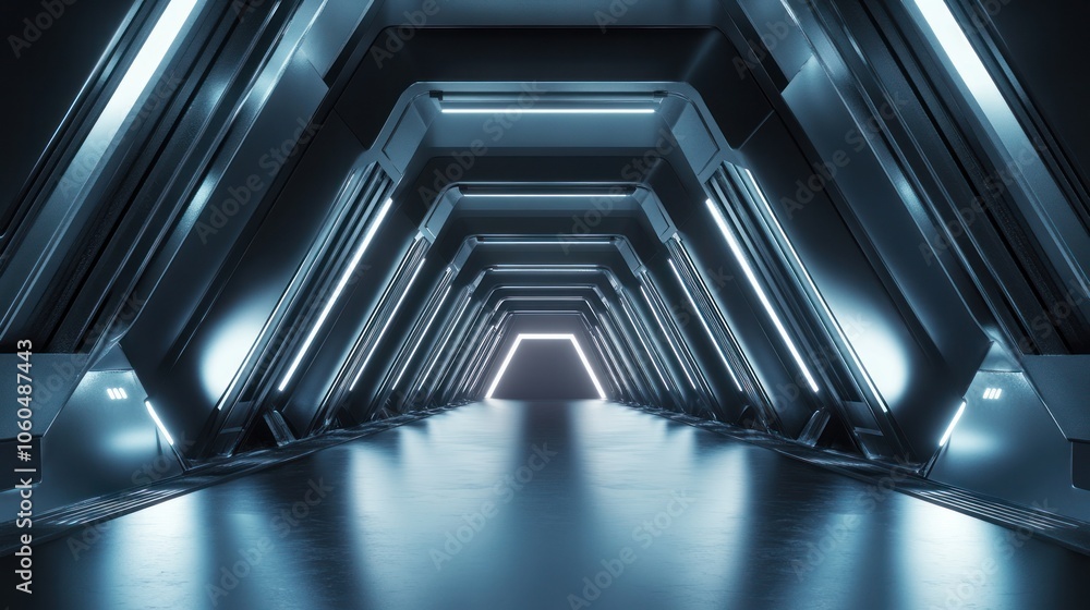 Poster a sci-fi tunnel featuring sharp triangular shapes, designed with smooth, glossy surfaces that shimme
