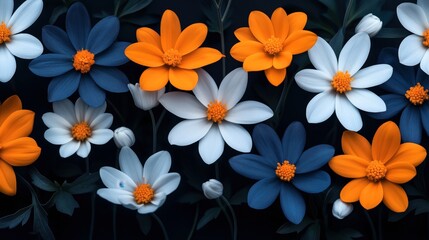 Colorful arrangement of vibrant orange, blue, and white flowers with green leaves on a dark background.